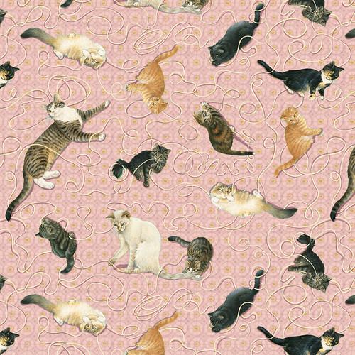 BLK Sophisti-Cats - Cats Playing with Yarn 2979-22 Pink - Cotton Fabric