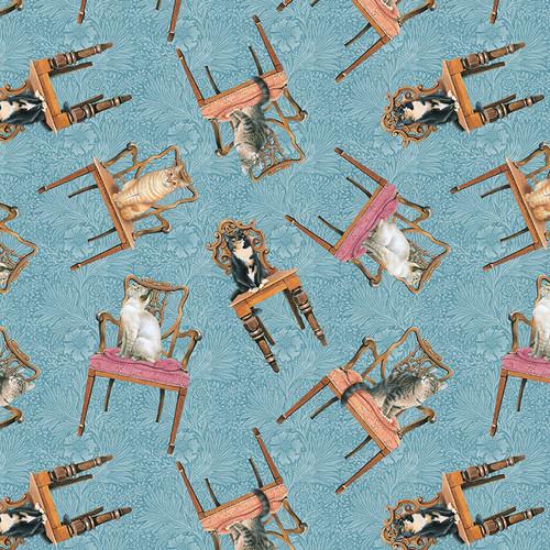 BLK Sophisti-Cats - Cats on Chairs 2977-11 Lt. Blue - Cotton Fabric