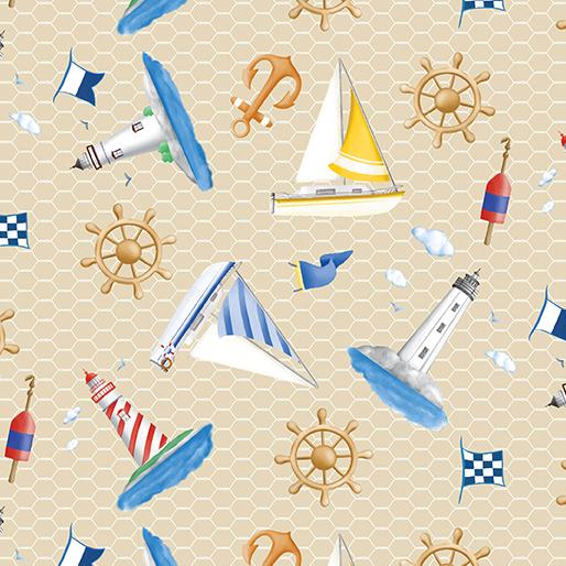 BTX Sail Away Lighthouses & Sailboats - 14440-70 Ecru - Cotton Fabric