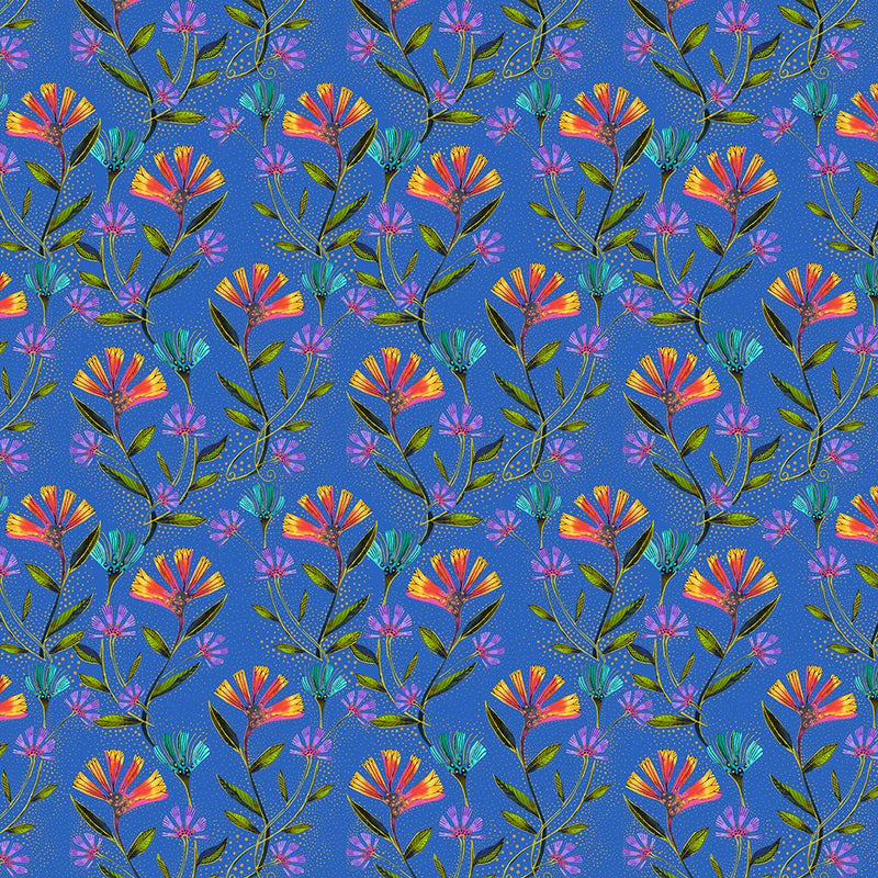 CWRK Earth Song Digital Viney Floral - Y4023-31M Royal Blue Metallic - Cotton Fabric