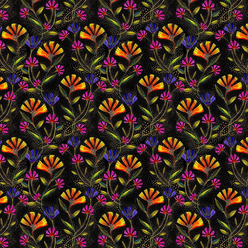 CWRK Earth Song Digital Viney Floral - Y4023-3M Black Metallic - Cotton Fabric