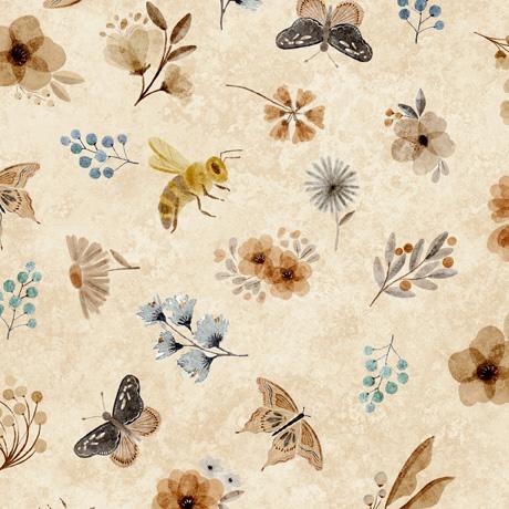 QT Bear Hugs Flowers & Insects Toss - 30065-A Tan - Cotton Fabric