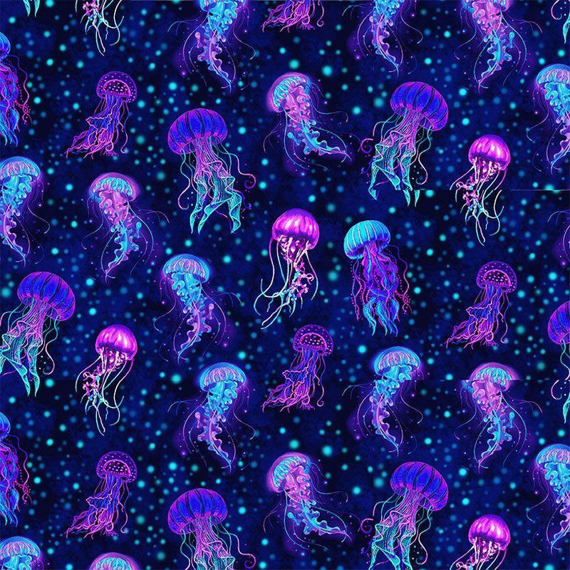 TT Electric Ocean Bioluminescent Jellyfish - CD2852-MIDNIGHT - Cotton Fabric