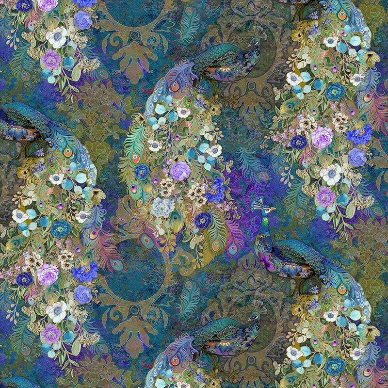 TT Flourish Peacock Bird Floral - CD2581-TEAL - Cotton Fabric
