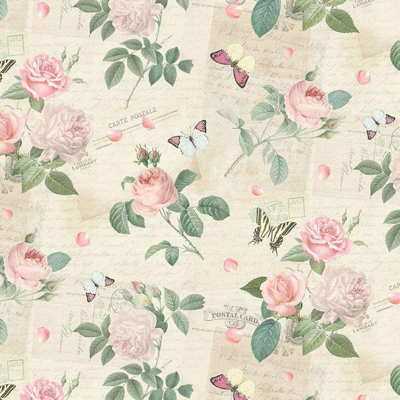TT Jardin Roses & Butterflies on Postcards - CD2564-CREAM - Cotton Fabric