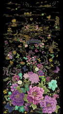 TT Shizuka Asian Floral Butterfly Panel 24" - CM3160-BLACK - Cotton Metallic Fabric