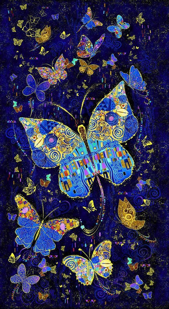 TT Wings of Gold Klimt Butterfly Metallic Panel - CM2600-NAVY - Cotton Fabric