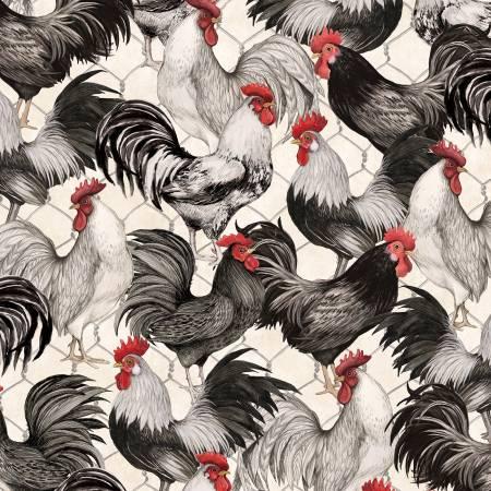 CHK Proud Rooster - Ivory Packed Roosters 39765-139 - Fabric