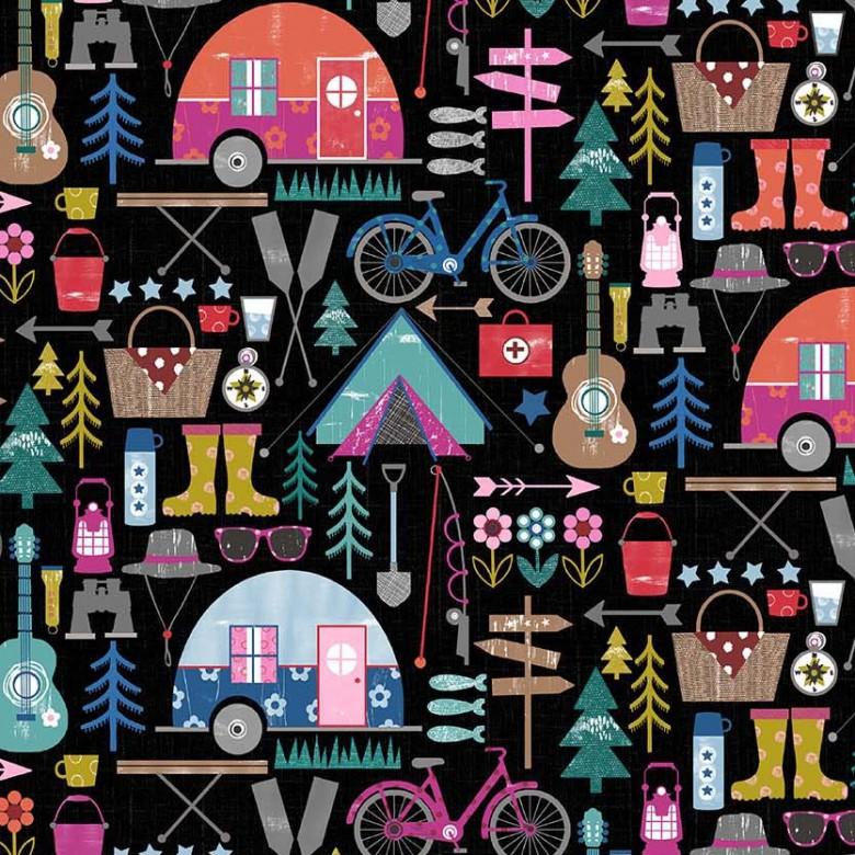 MM Happy Camper - Let's Go Camping - CX11007-BLAC-D - Cotton Fabric