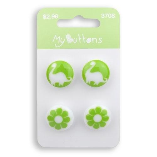 My Buttons Green Dinosaurs & Flowers 5/8" 4 Count - 3708