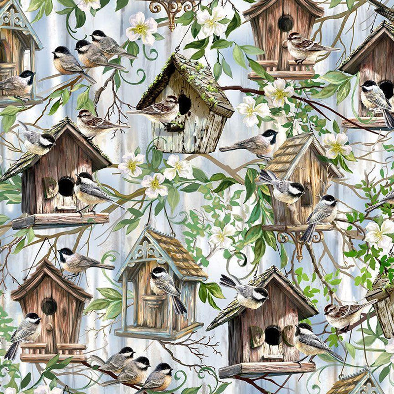 TT Birdhouse Bloom Chickadee Birdhouse - CD2420-BLUE - Cotton Fabric