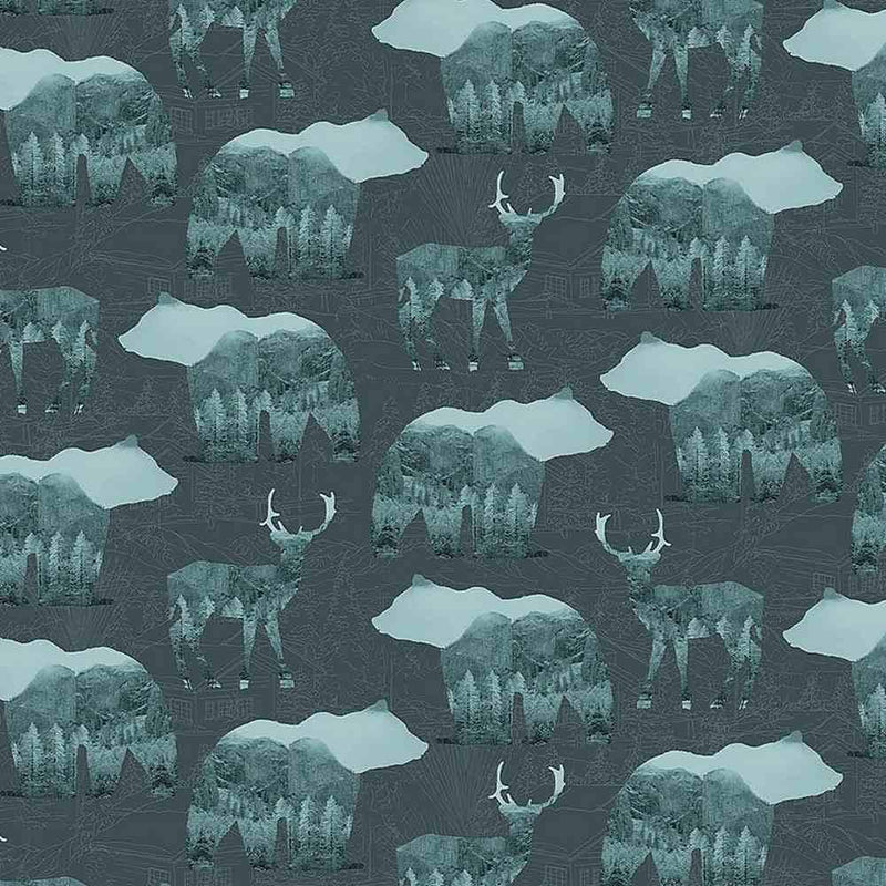 TT Blue Bears And Deer NATURE-CD1699-TEAL - Cotton Fabric