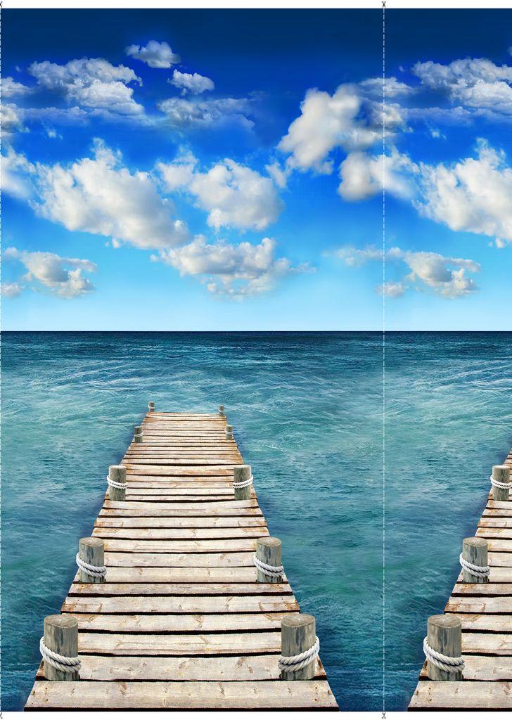 TT Scenic Sea Boardwalk Panel CD1868-BLUE - Cotton Fabric