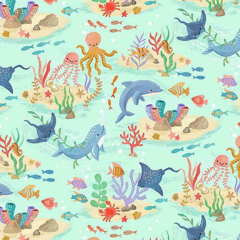 TT Sea Friends - Cute Ocean Animals CD1728-AQUA - Cotton Fabric