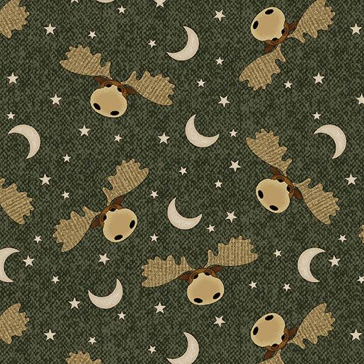 BTX A Moose in the Woods Moose Moon and Stars - 16338-44 Green - Cotton Fabric