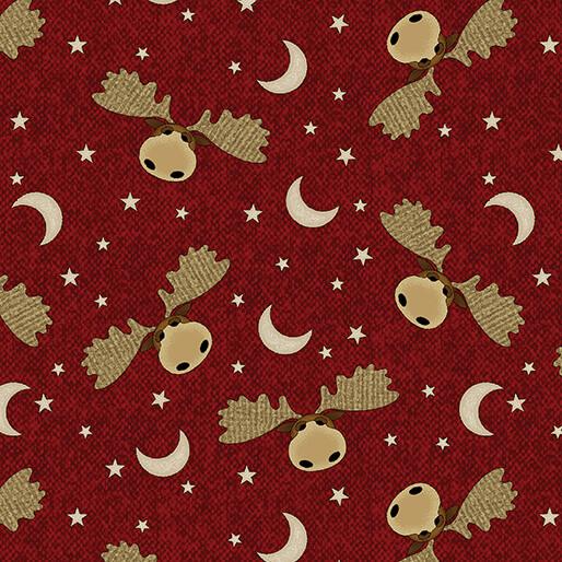 BTX A Moose in the Woods Moose Moon and Stars - 16338-88 Cranberry - Cotton Fabric