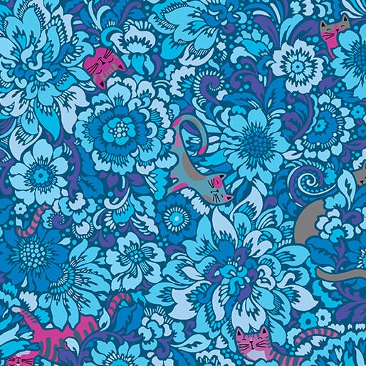 BTX Cheeto's World Elegant Kitties - 17201-50 Blue  - Cotton Fabric