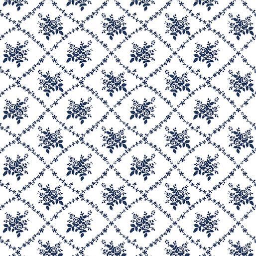 BTX Classic Keepsakes In Blue Rose Trellis - 14648-50 White/Navy - Cotton Fabric