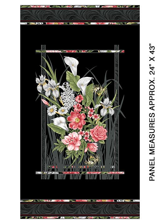 BTX Magnificent Blooms Panel, 6780-12 Black Multi - Cotton Fabric