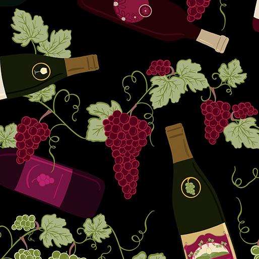 BTX Uncork & Unwind Grapes & Wine Bottles - 14547-12 Black - Cotton Fabric