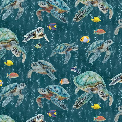 BTX Under the Sea Sea Turtle Swim - 16530-85 Dark Teal/Multi - Cotton Fabric