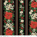 CHK Poinsettias At Christmas Border Stripe Black Foil - CF17637-BLACK - Cotton Fabric