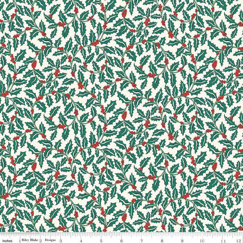 CWH Festive Greetings Swirling Holly - 01667432A - Cotton Fabric