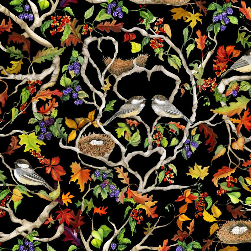 CWRK Bird Song Digital Chickadee Love - Y4510-3 Black - Cotton Fabric