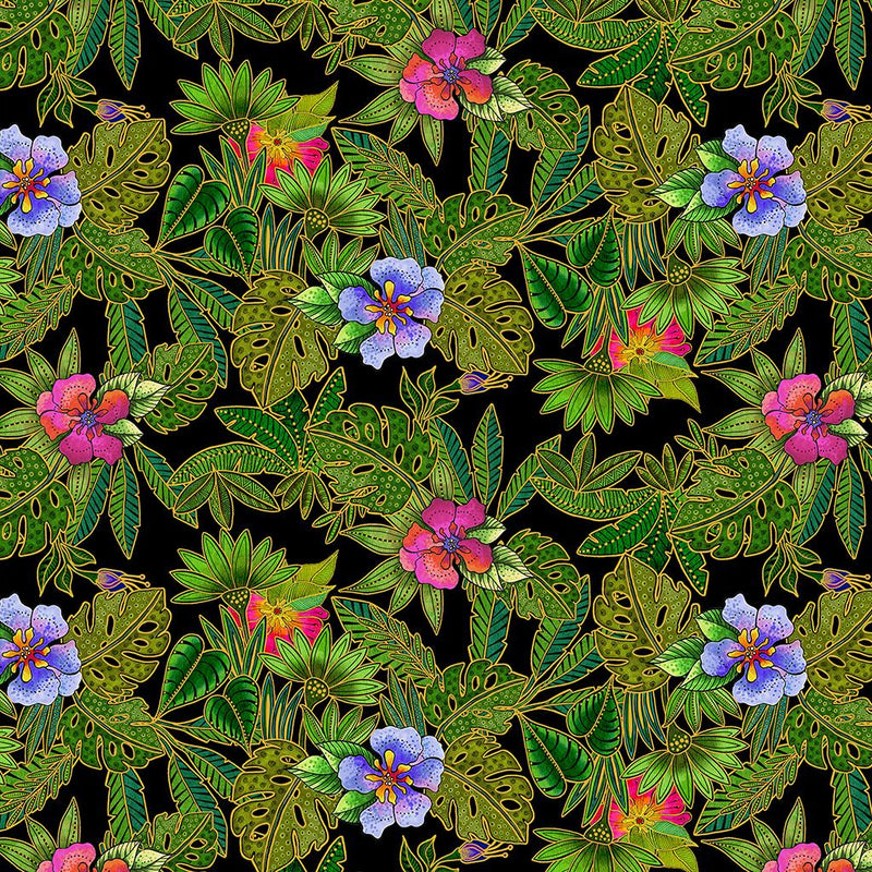 CWRK Earth Song Digital Jungle Floral - Y4020-3M Black Metallic - Cotton Fabric