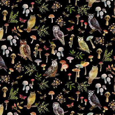 CWRK Wild Wonder Digital Owls and Mushrooms - Y4075-3 Black - Cotton Fabric