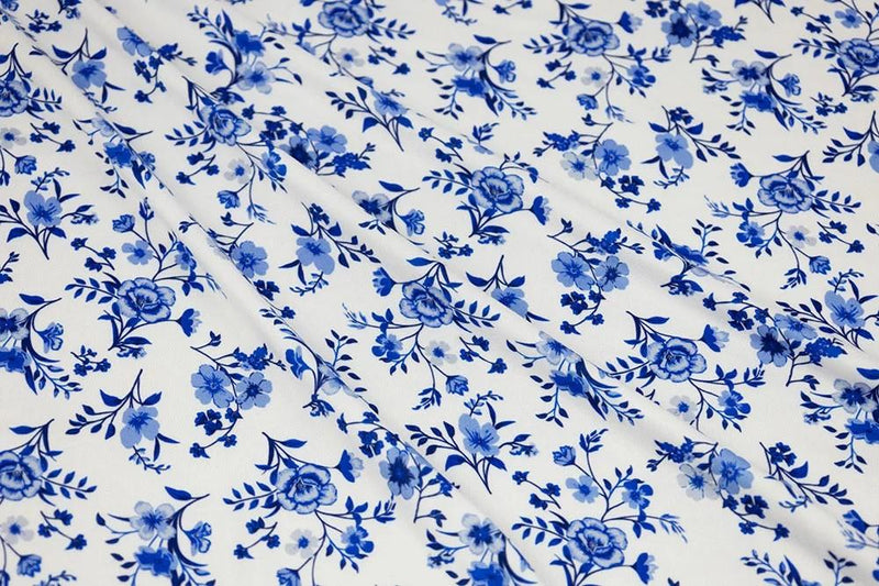FM Double Brushed Porcelain Floral - 79-17154 White/Royal - Dress & Apparel Fabric