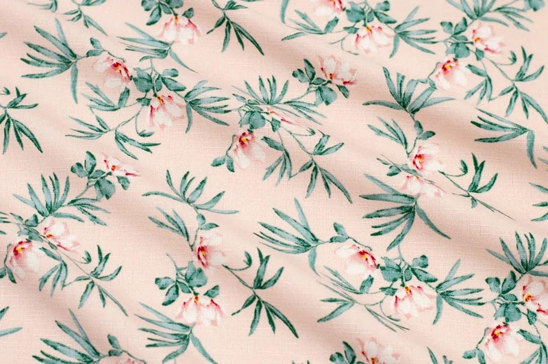 FM Poly Linen Look Floral - 10-13464 Pink/Green - Dress & Apparel Fabric