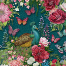 LUM Wild Garden Peacocks and Flowers - 100003-919 Teal - Cotton Fabric