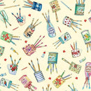 MM An Artist's Life Brush Pots - DDC11747-CREM-D - Cotton Fabric