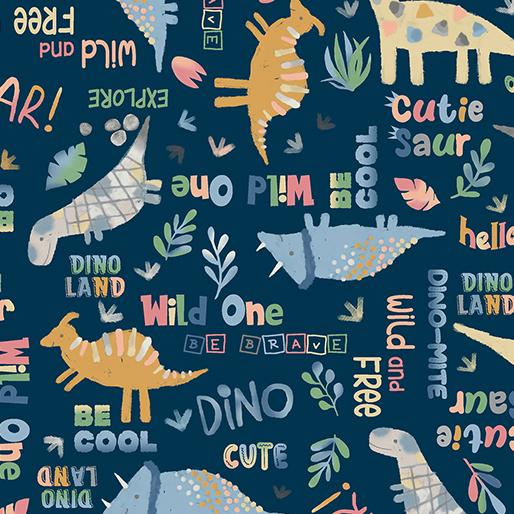 NCI Baby Dino Comfort Flannel Baby Dino Words - 14465F-56 Navy - Cotton Flannel Fabric