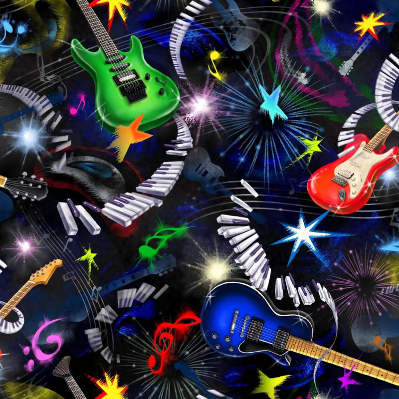 OASIS Rockin Out Master Guitar Print - 59-7531 Black - Cotton Fabric