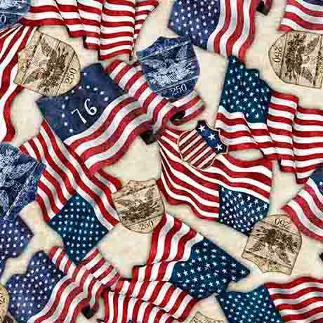QT 1776 American Flags & 250 Crest - 31662-E Birch - Cotton Fabric