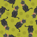 QT Curious Kittycats Tossed Black Cats - 31871-H Lime - Cotton Fabric