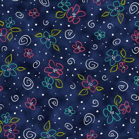 QT Daisy Doodle Spaced Stylized Floral - 30745-N Navy - Cotton Fabric