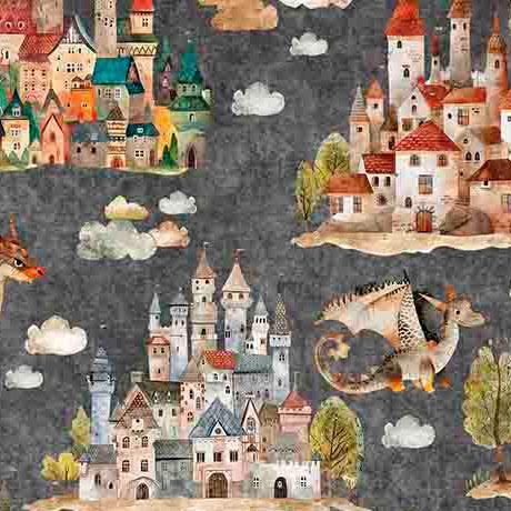 QT Dragon Dreams Dragons & Castles - 30958-K Steel - Cotton Fabric