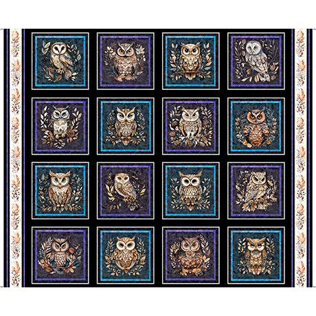 QT Night Owls Owl Picture Patches Panel - 31565-J Black - Cotton Fabric