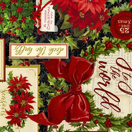 QT Poinsettia Greetings Collage - 31082-J Black - Cotton Fabric