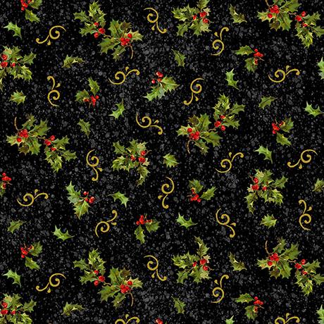 QT Poinsettia Greetings Holly and Scroll - 31084-J Black - Cotton Fabric