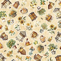 QT Queen Bee Bee Hive & Plant Toss - 30485-A Light Tan - Cotton Fabric