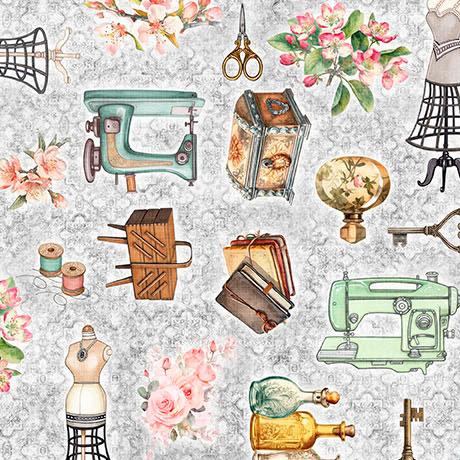 QT Sew Shabby Chic Sewing Antiquities - 31572-K Gray - Cotton Fabric