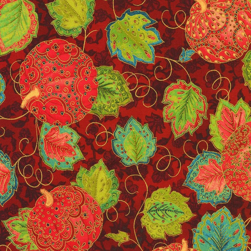 RK Jeweled Leaves - AXUM-21607-91 Crimson - Cotton Fabric