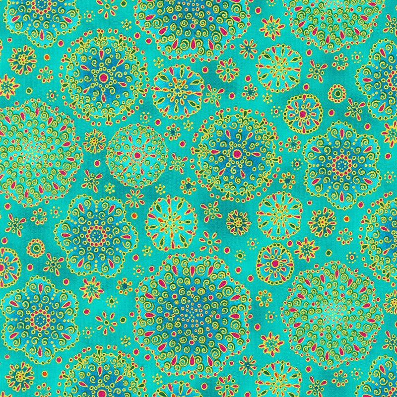 RK Jeweled Leaves - AXUM-21612-81 Turquoise - Cotton Fabric