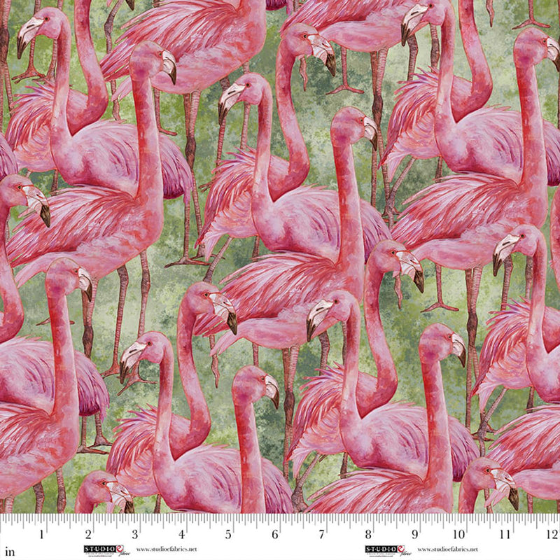 STUDIO E Flamingo Fling Flamingo Crowd - 8487-64 Matcha - Cotton Fabric