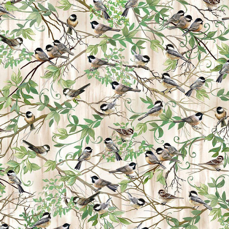 TT Birdhouse Bloom Chickadee in Branches - CD2421-NATURAL - Cotton Fabric