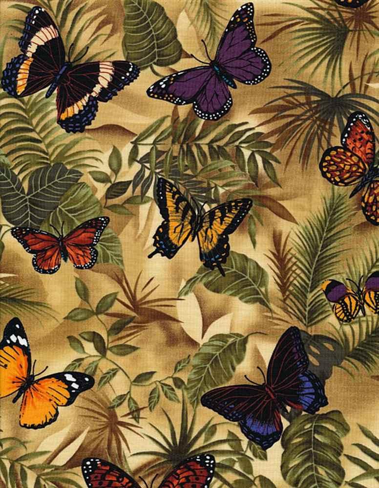 TT Butterfly Garden Butterflies On Leaves - C3518-NEUTRAL - Cotton Fabric